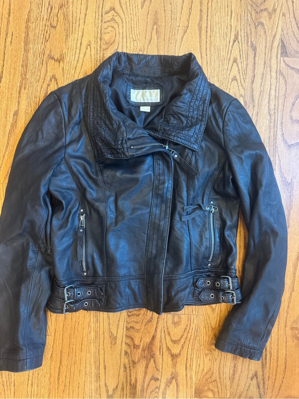 Michael Kors Black Leather Moto Jacket with Zip & Buckle Accents